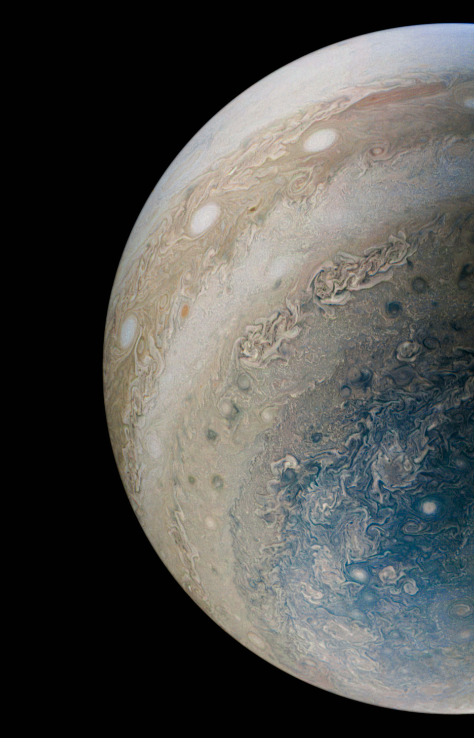 A tall processed JunoCam frame of Jupiter's southern hemisphere