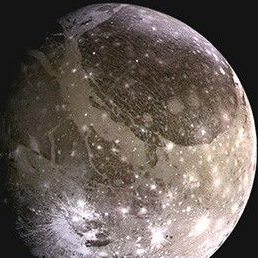 Ganymede: grey, cratered, with bright ray craters