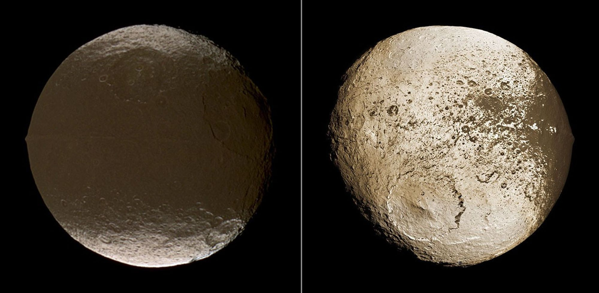 Iapetus photographed twice: the dark leading hemisphere beside the bright trailing hemisphere