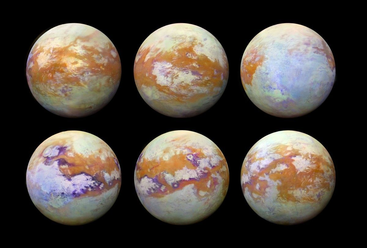 Six infrared views of Titan showing orange dune fields, pale highlands and dark polar regions