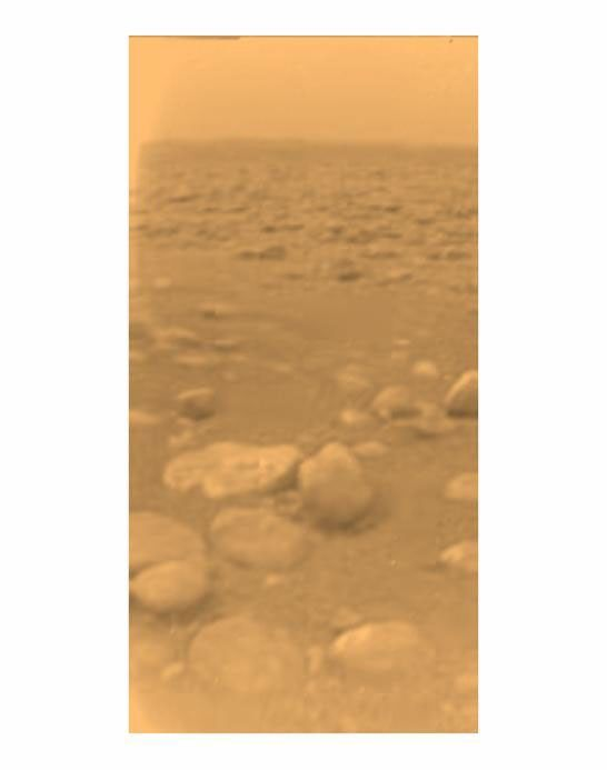 The view from Titan's surface: rounded pebbles of water ice on an orange plain