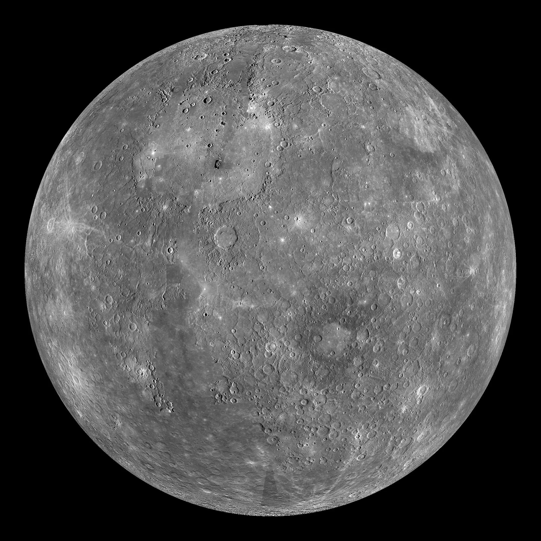 Mercury as a full grey disc, densely cratered from pole to pole