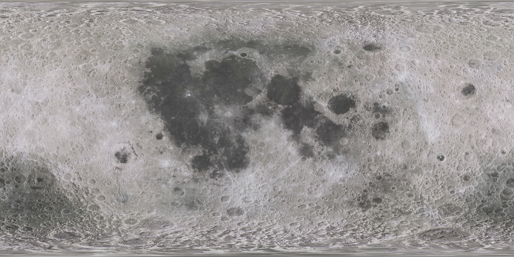 Equirectangular map of the Moon showing dark maria and bright cratered highlands